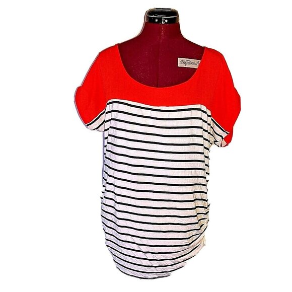 Olivia Moon Top Multicolor Women Ruched Striped Size Large Short Sleeves - Picture 1 of 8